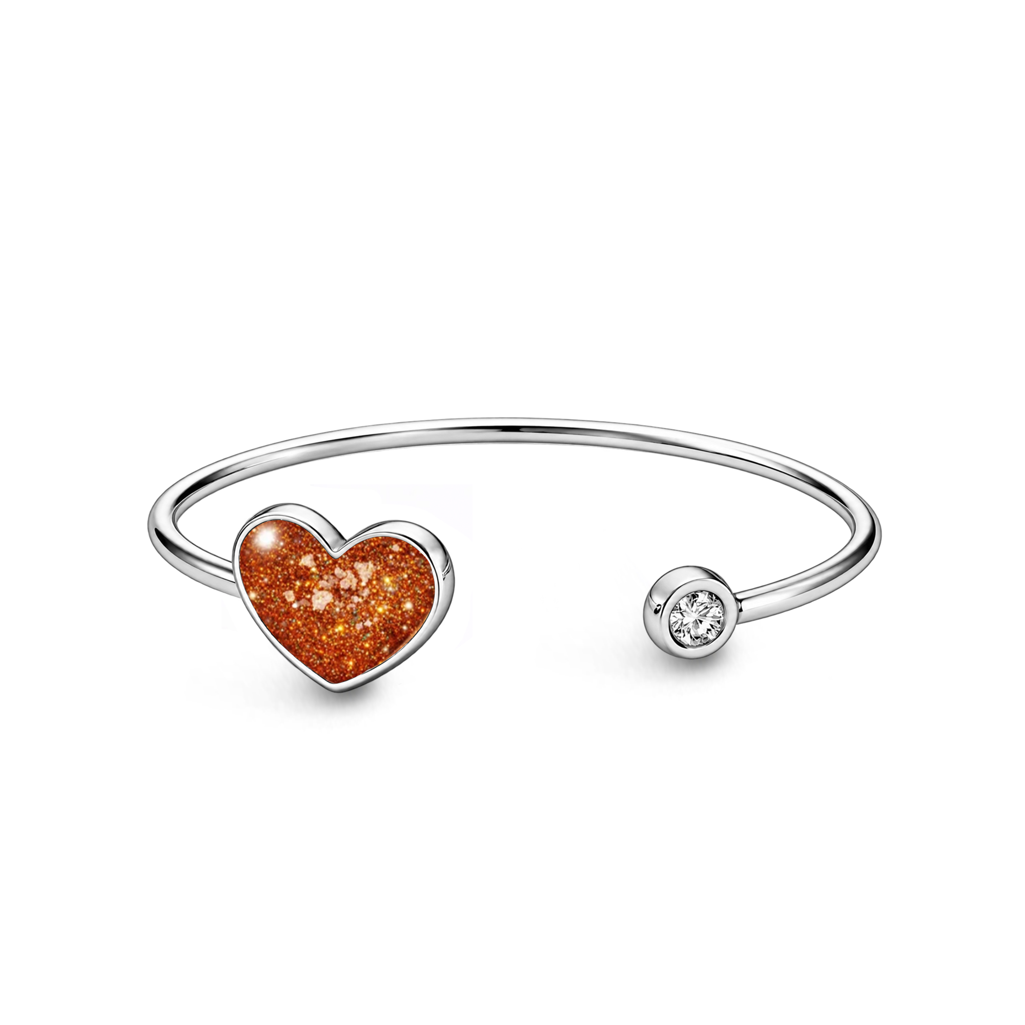 Sterling silver ashes keepsake bangle featuring an amber heart-shaped memorial setting with incorporated ashes and a sparkling round clear stone detail.