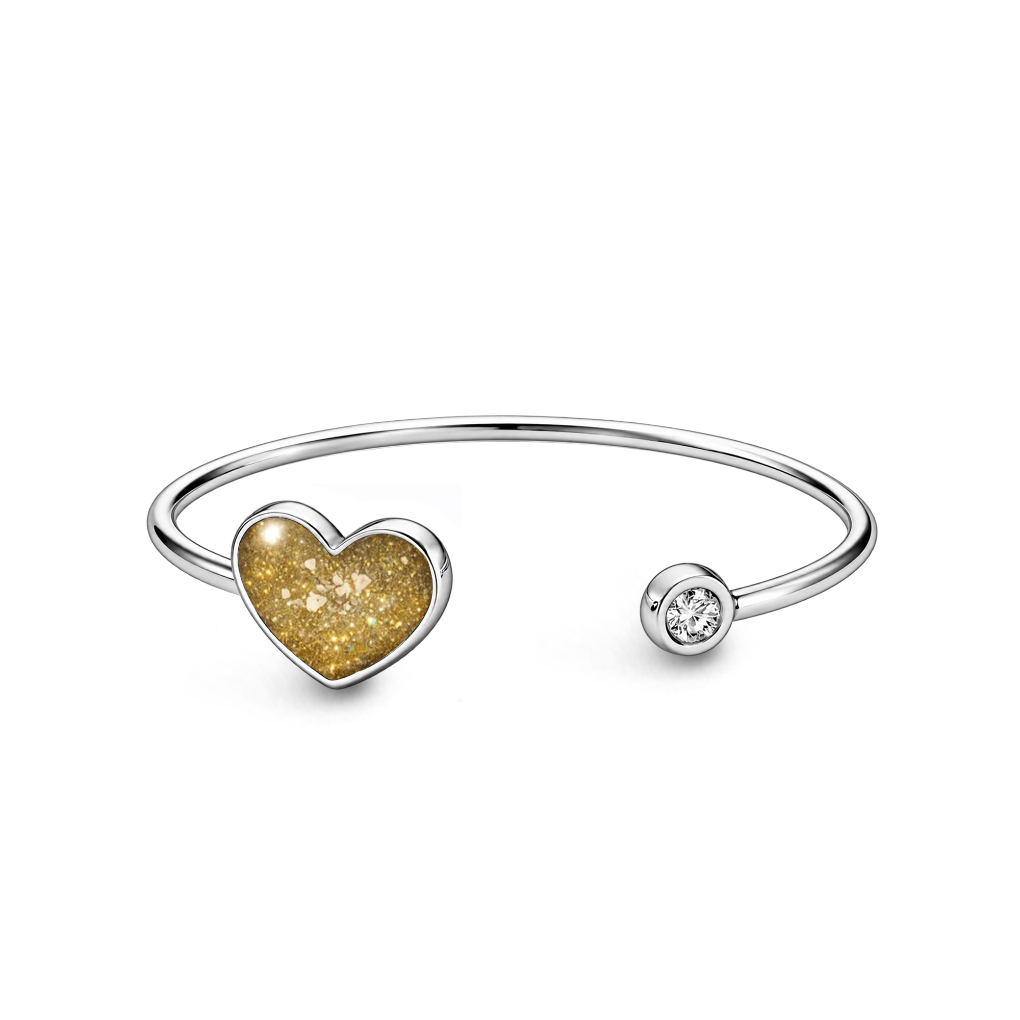 Sterling silver ashes keepsake bangle featuring a gold heart-shaped memorial setting with incorporated ashes and a sparkling round clear stone detail.
