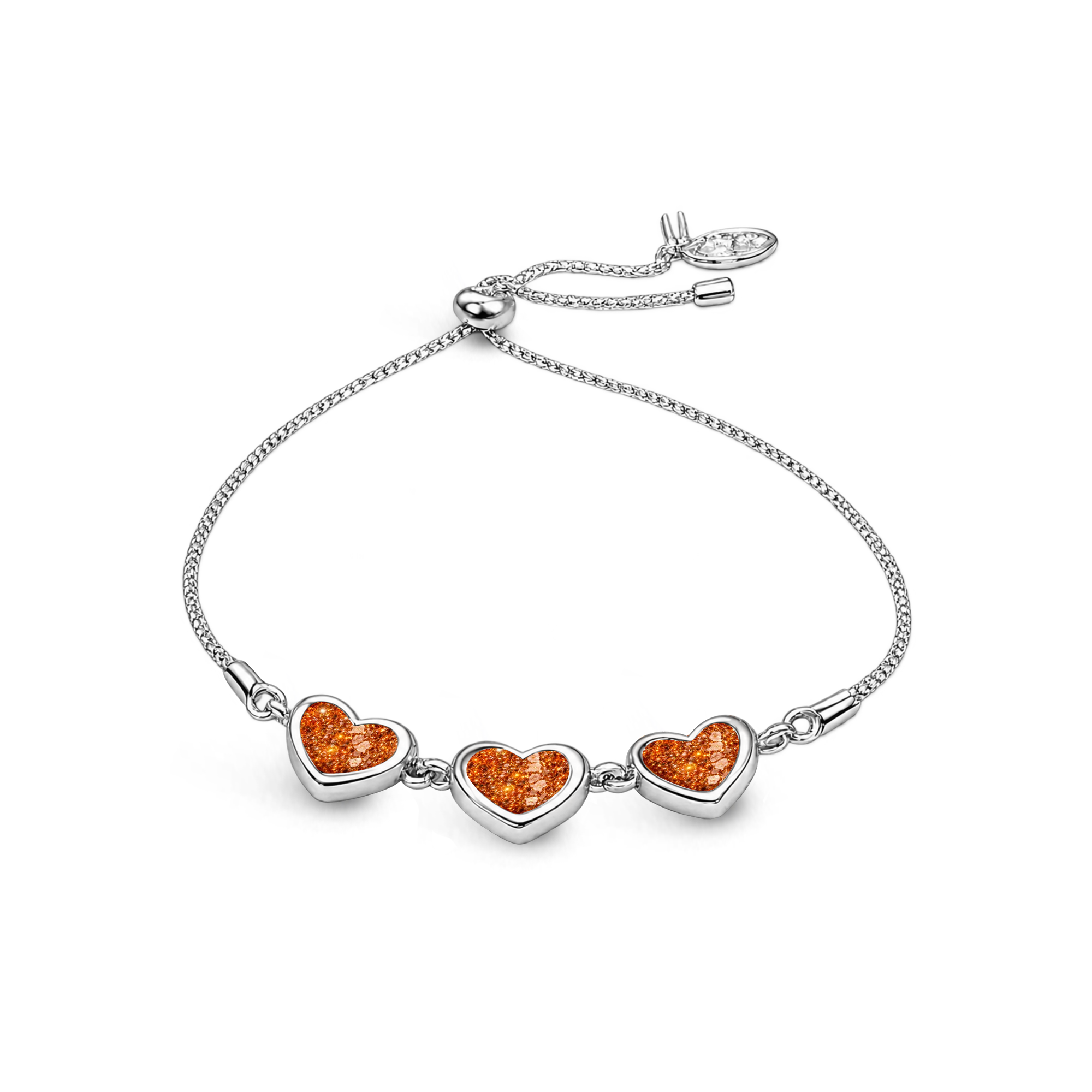 Sterling silver three-heart ashes keepsake bracelet featuring orange glitter memorial settings with incorporated ashes and an adjustable slider fastening.