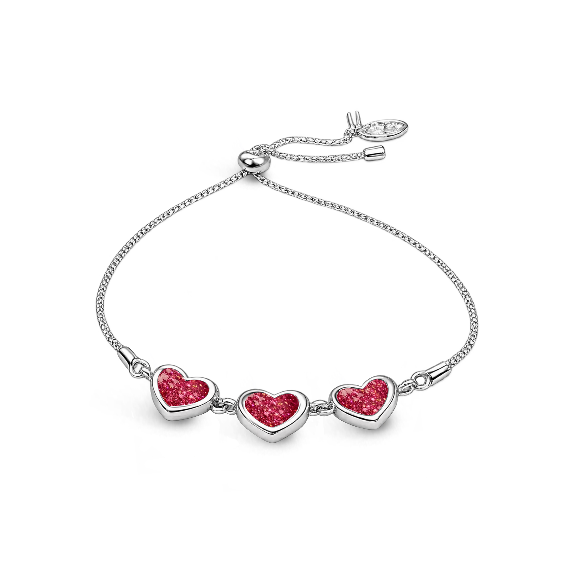 Sterling silver three-heart ashes keepsake bracelet featuring cherry glitter memorial settings with incorporated ashes and an adjustable slider fastening.