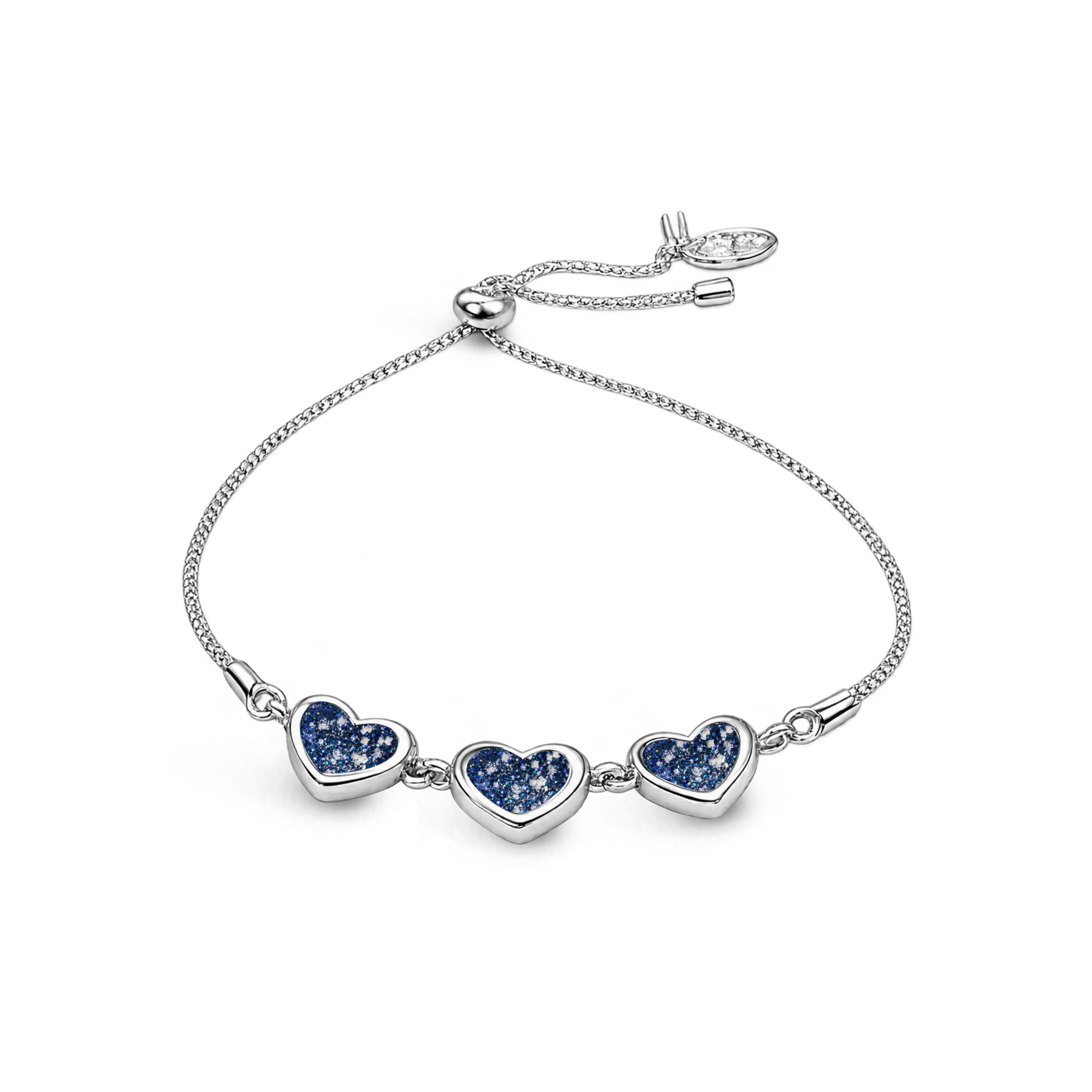 Sterling silver three-heart ashes keepsake bracelet featuring midnight blue glittering memorial settings with incorporated ashes and an adjustable slider fastening.