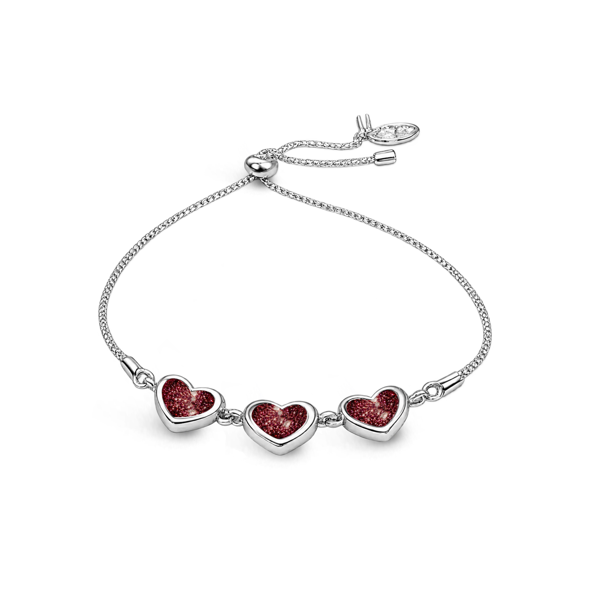 Sterling silver three-heart ashes keepsake bracelet featuring a ruby glitter memorial settings with incorporated ashes and an adjustable slider fastening.