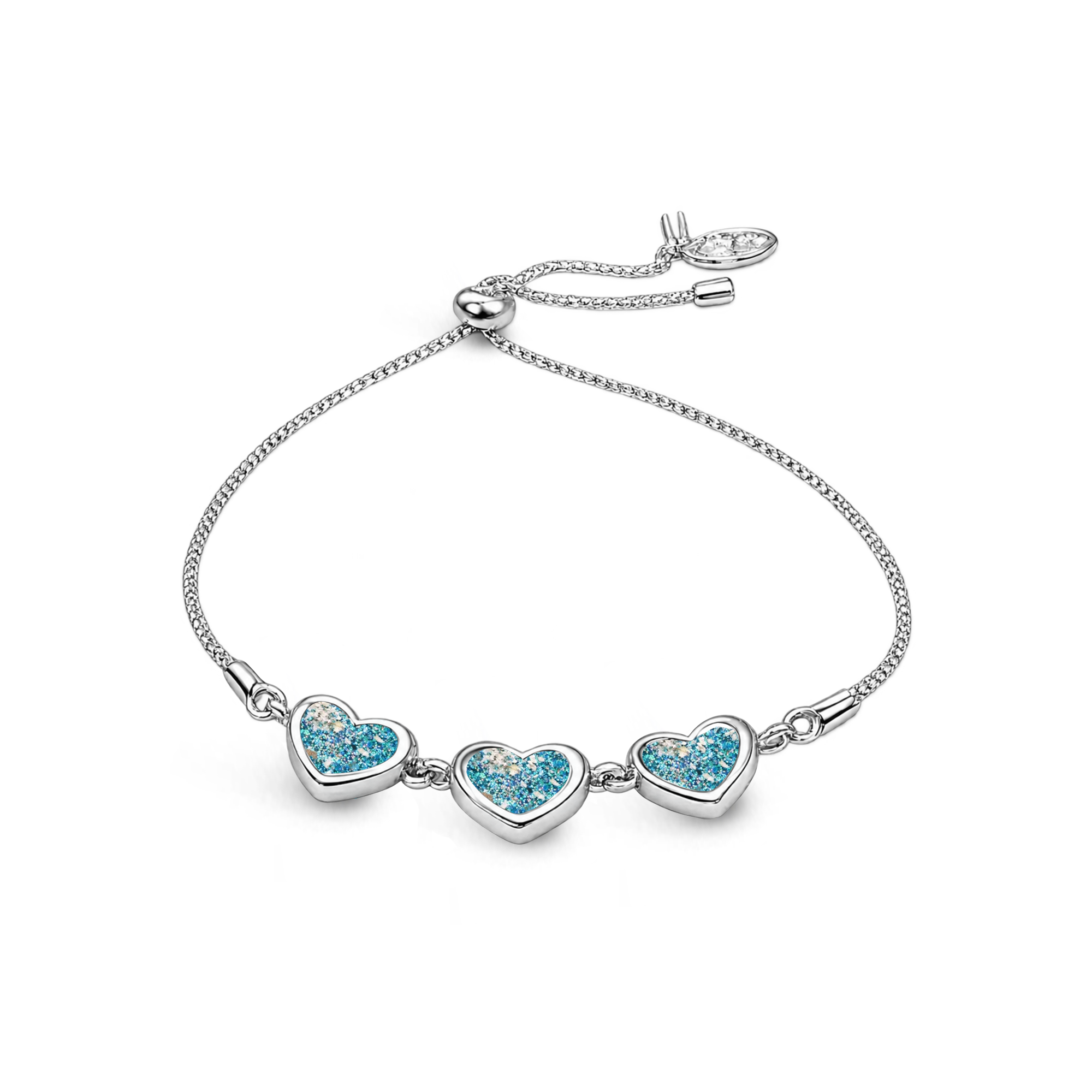 Sterling silver three-heart ashes keepsake bracelet featuring turquoise glitter memorial settings with incorporated ashes and an adjustable slider fastening.