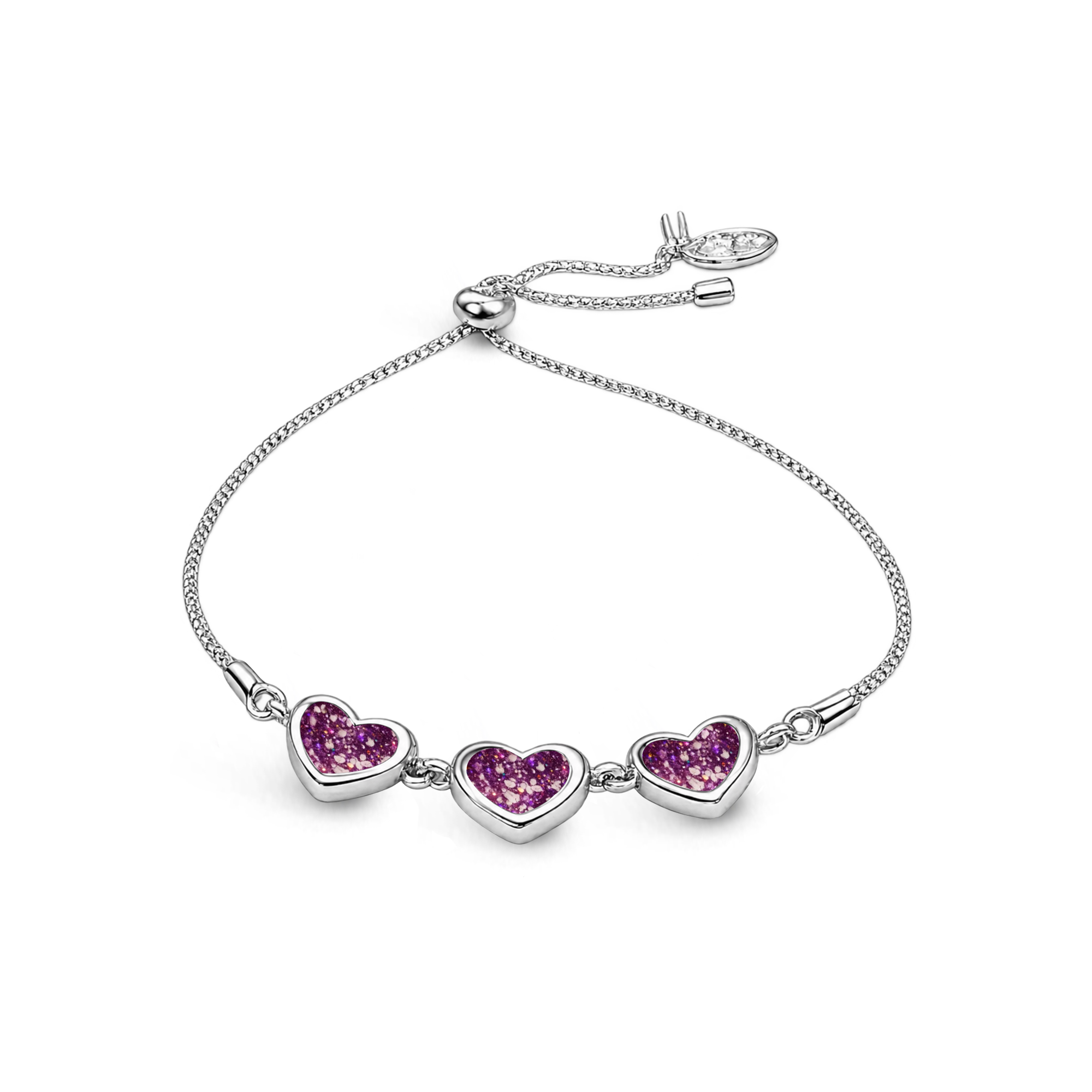 Sterling silver three-heart ashes keepsake bracelet featuring violet glitter memorial settings with incorporated ashes and an adjustable slider fastening.