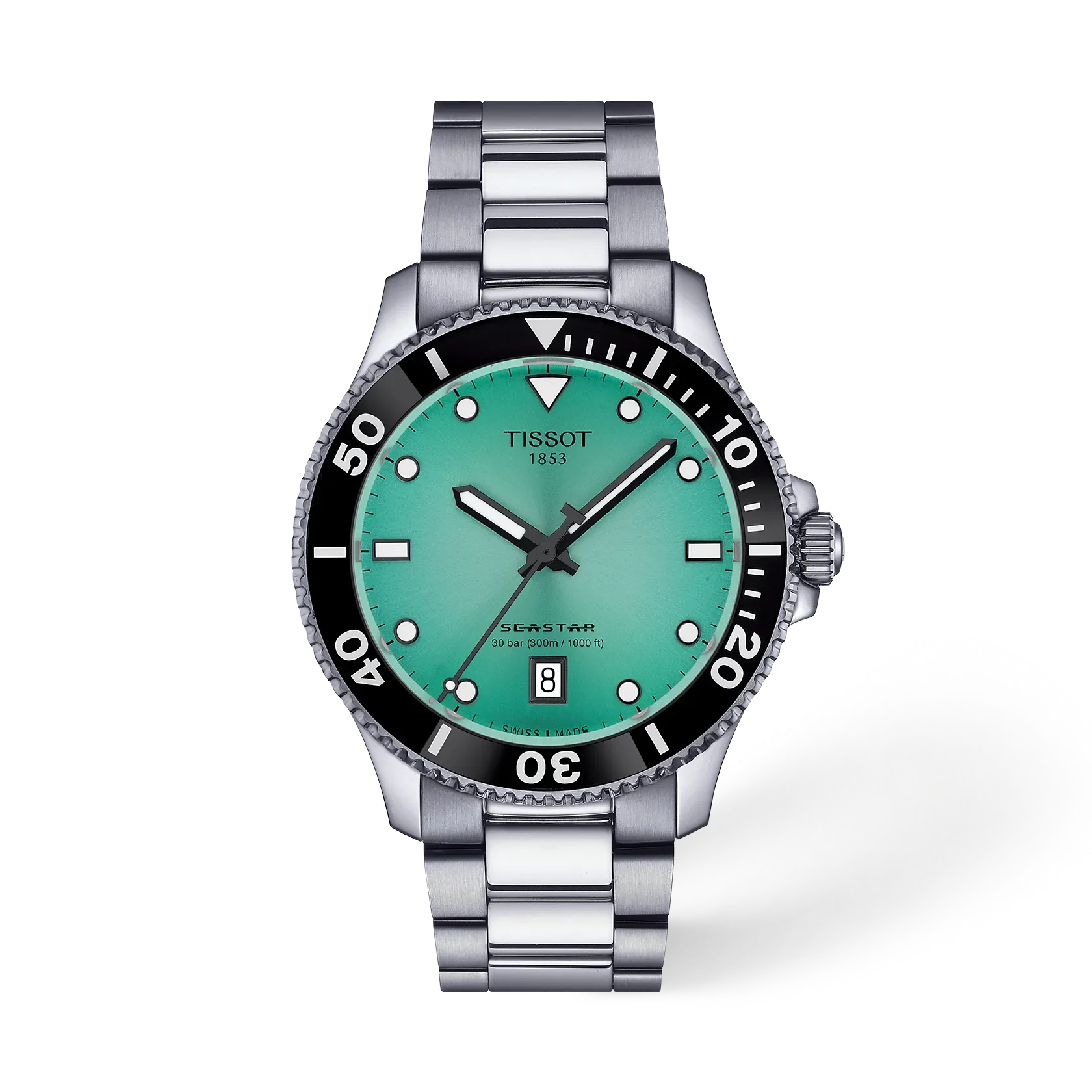 Tissot Seastar watch with a silver stainless steel link bracelet, a black rotating bezel, and a vibrant green dial.