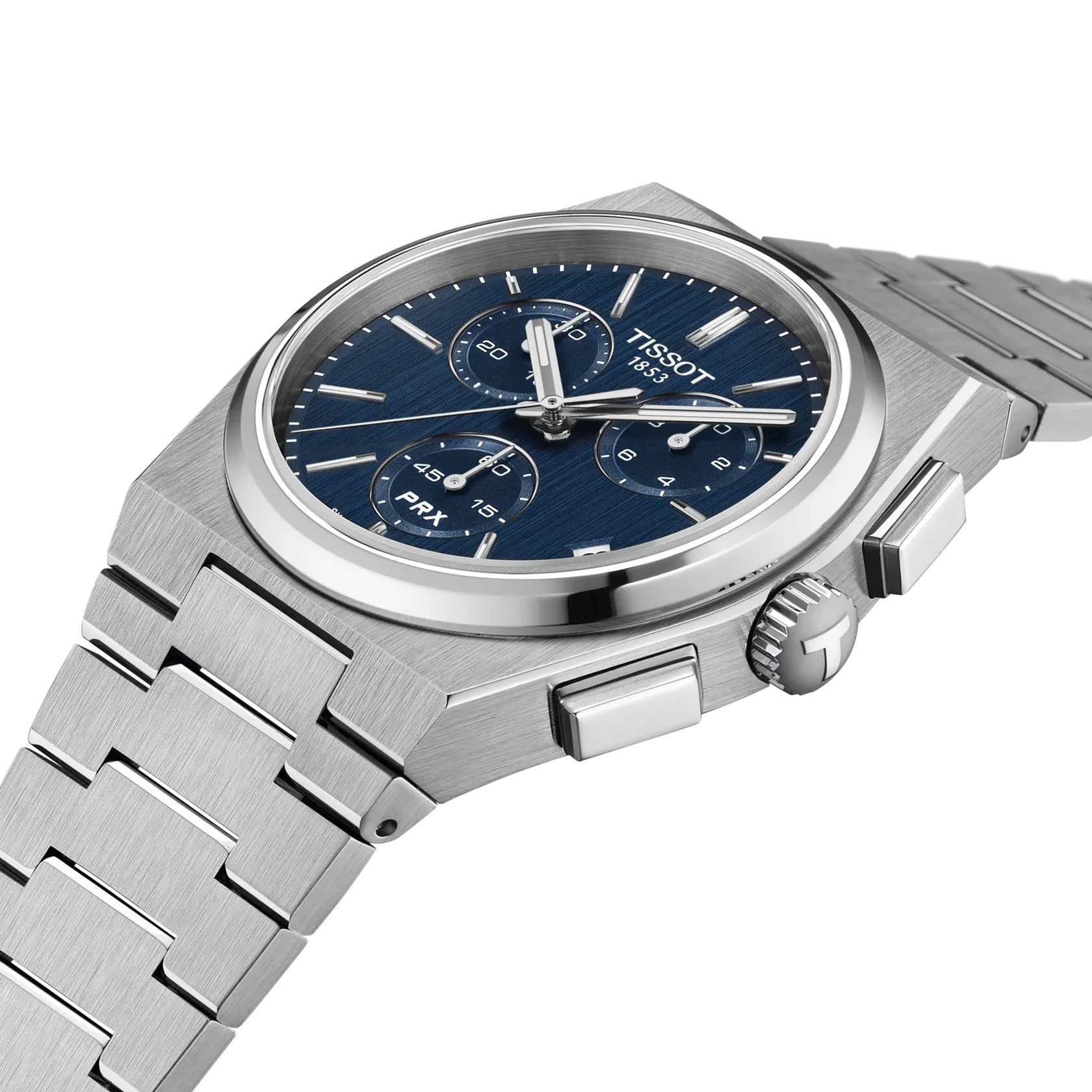Tissot PRX chronograph watch with blue dial, stainless steel bracelet, crown and pushers