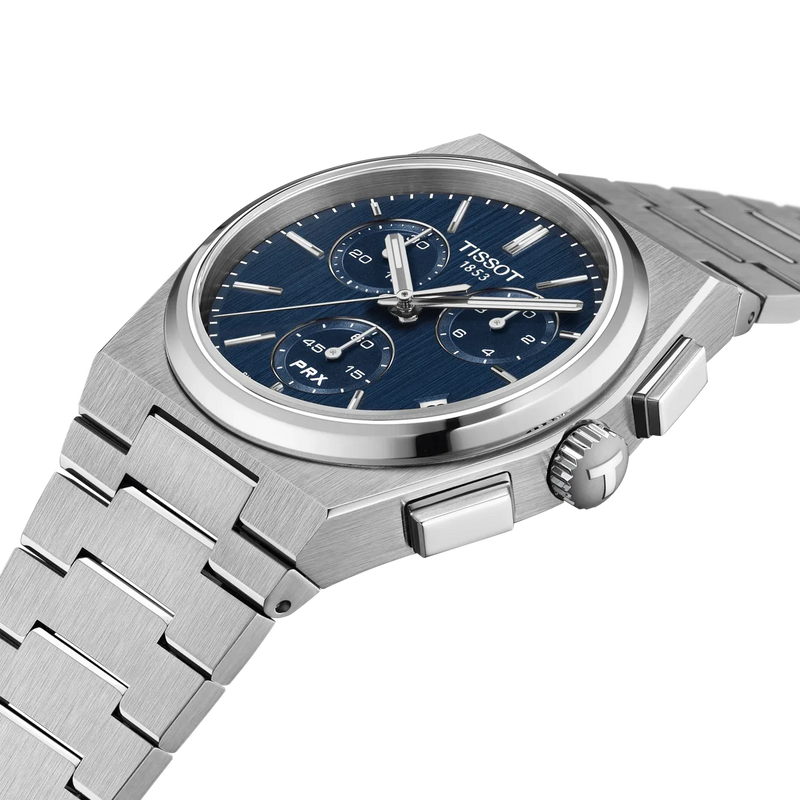 Tissot PRX chronograph watch with blue dial, stainless steel bracelet, crown and pushers