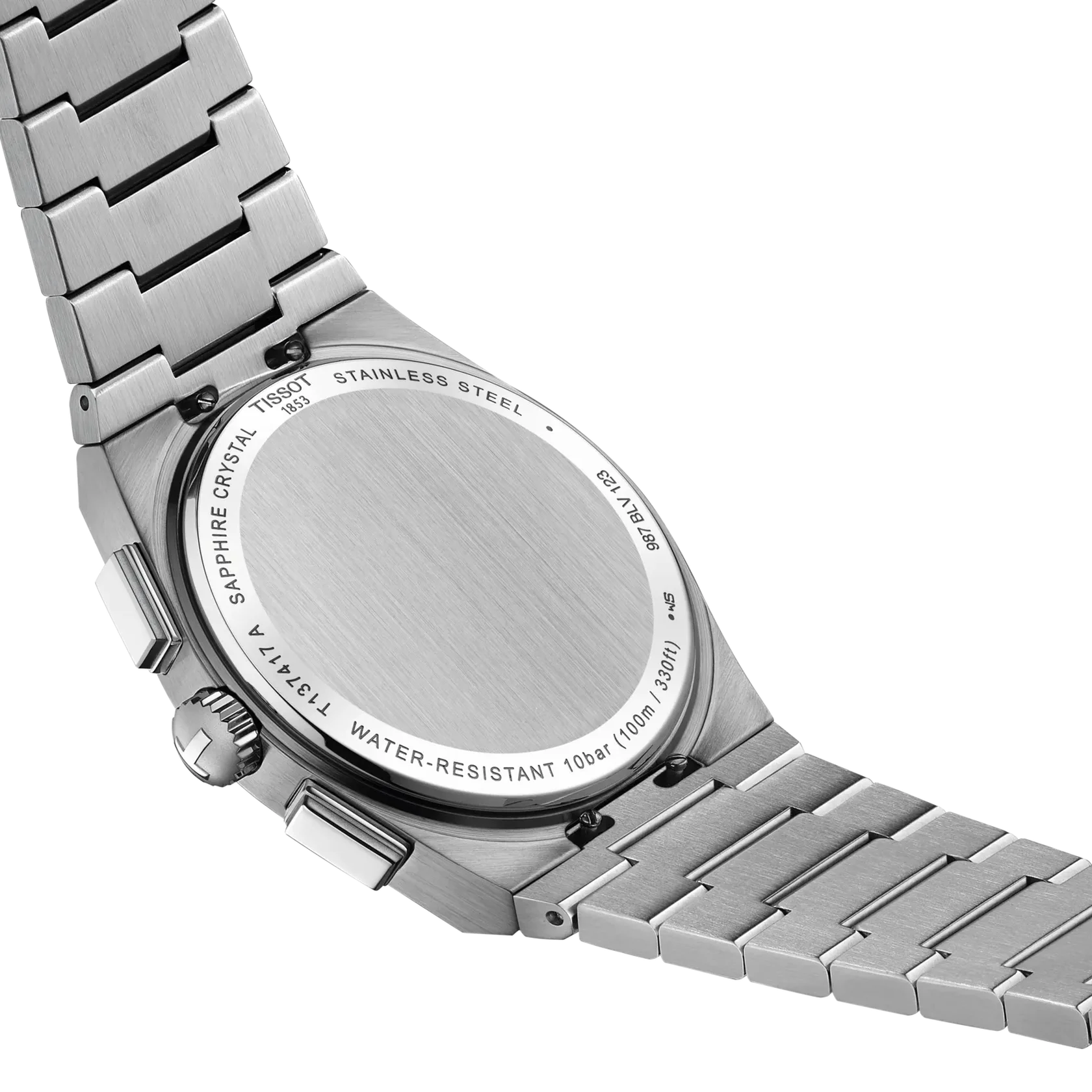 Tissot PRX chronograph stainless steel watch case back and integrated bracelet