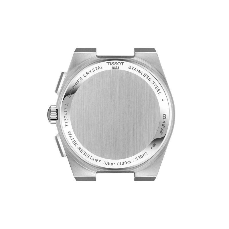Tissot PRX chronograph stainless steel watch case back with engraved specifications