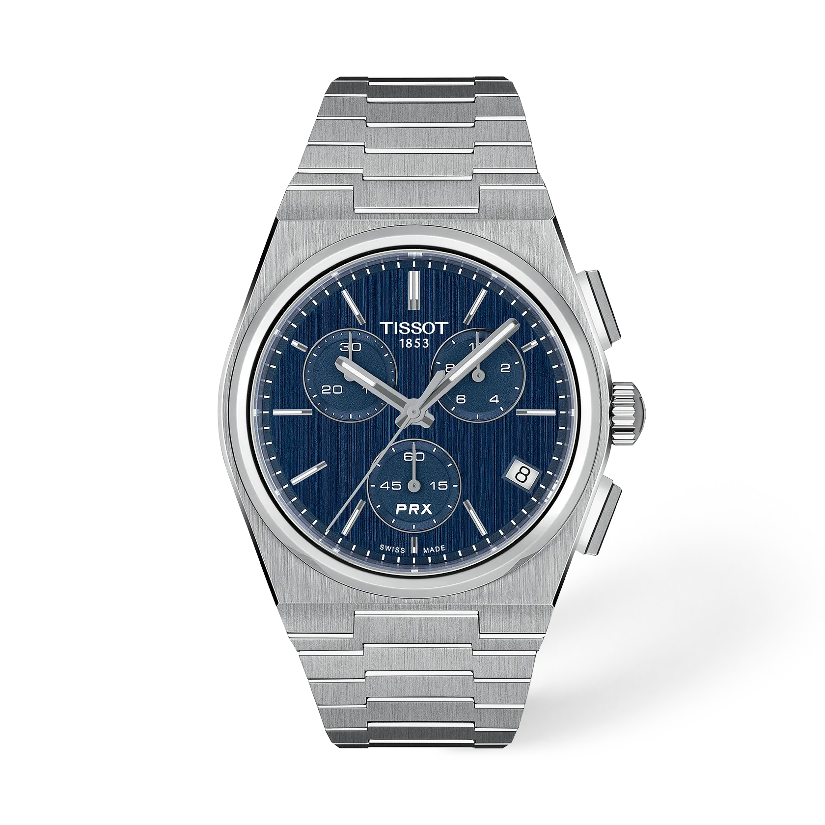 Tissot PRX chronograph watch with blue dial and stainless steel bracelet
