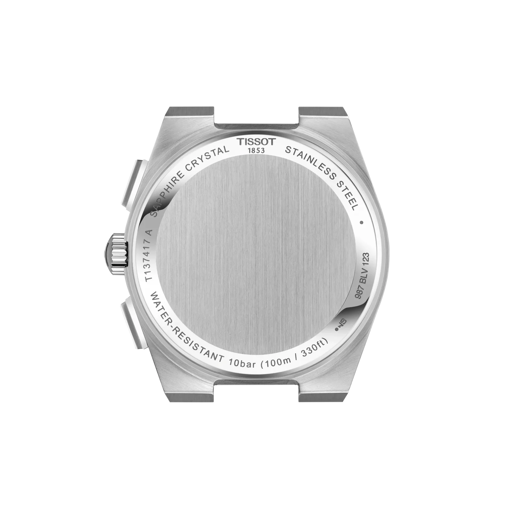 Tissot PRX chronograph stainless steel case back with engraved watch specifications.