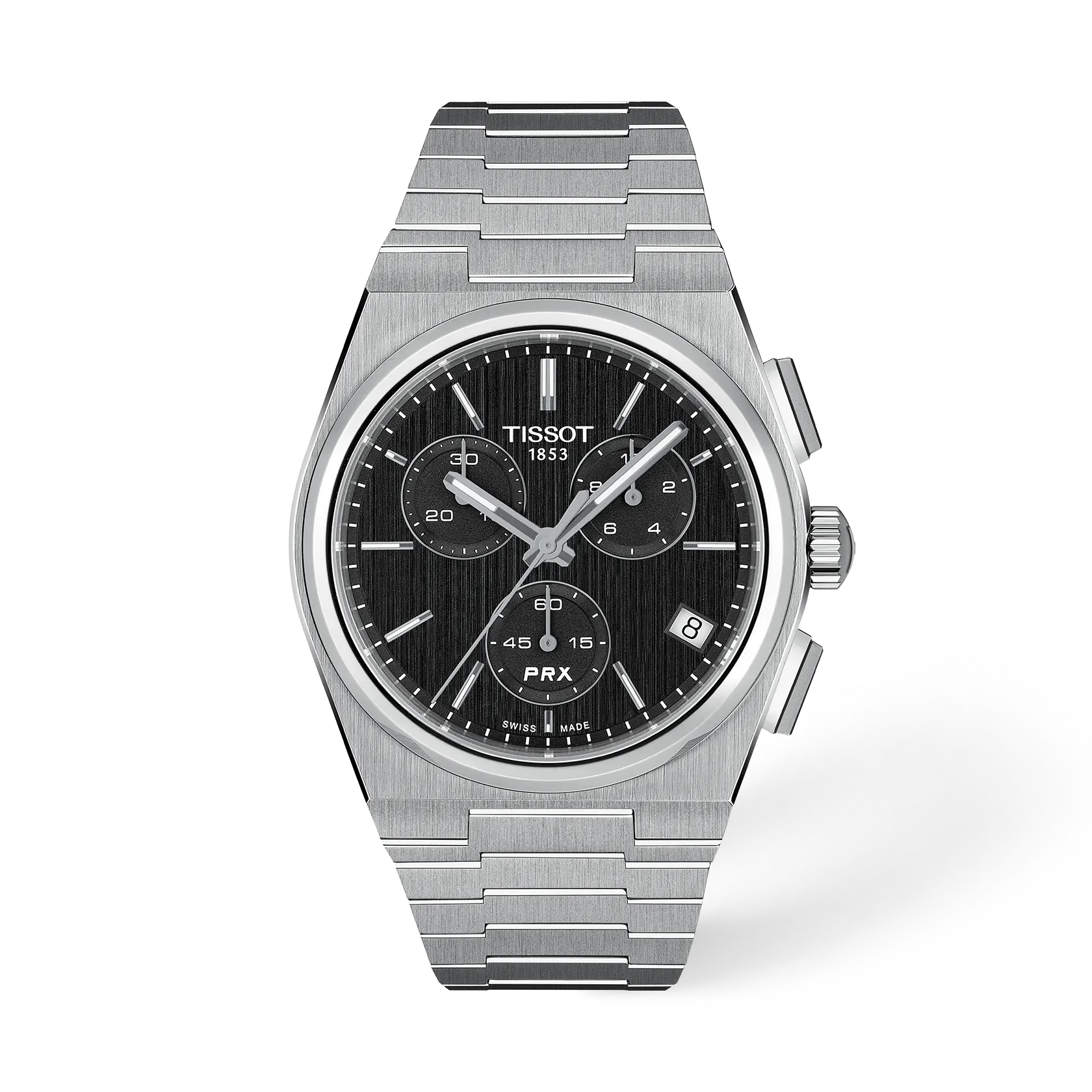 Tissot PRX chronograph stainless steel watch with black dial, three sub-dials and integrated bracelet.
