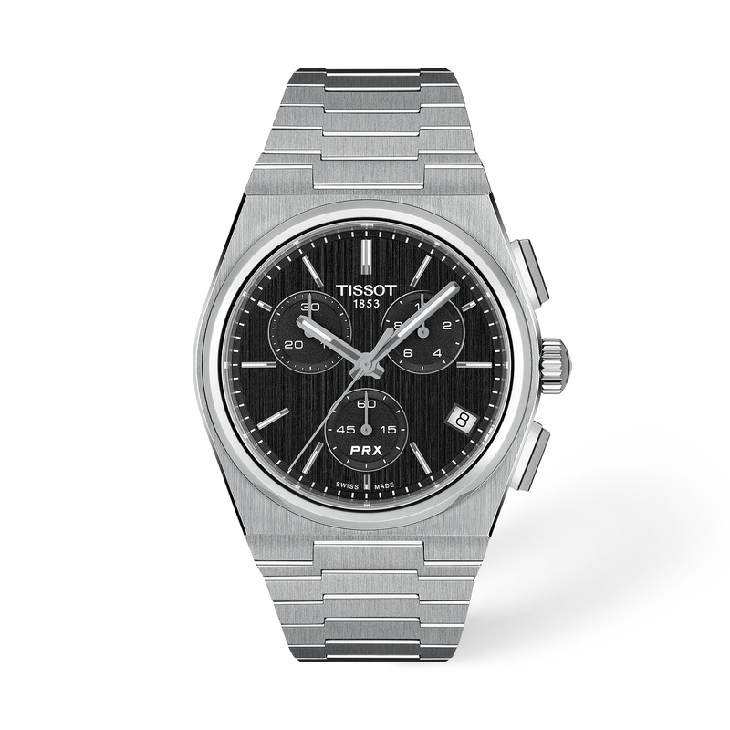 Tissot PRX chronograph stainless steel watch with black dial, three sub-dials and integrated bracelet.