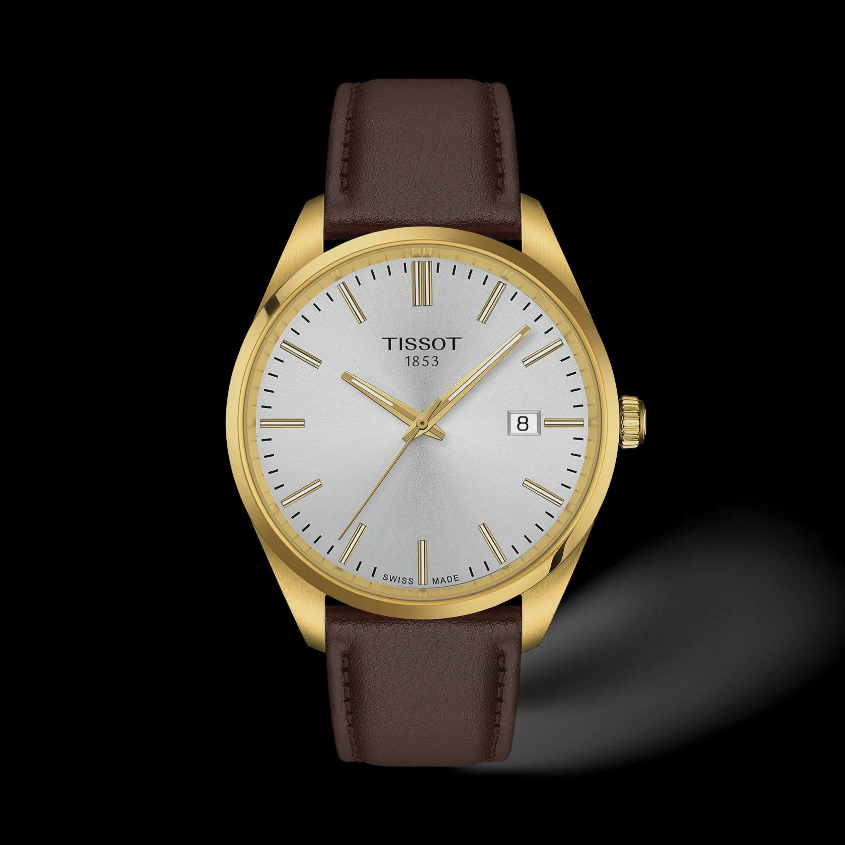 Tissot PR 100 40mm watch with silver dial, gold-tone case and brown leather strap