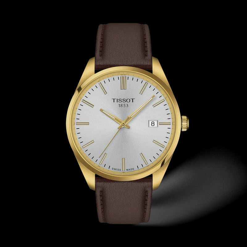 Tissot PR 100 40mm watch with silver dial, gold-tone case and brown leather strap