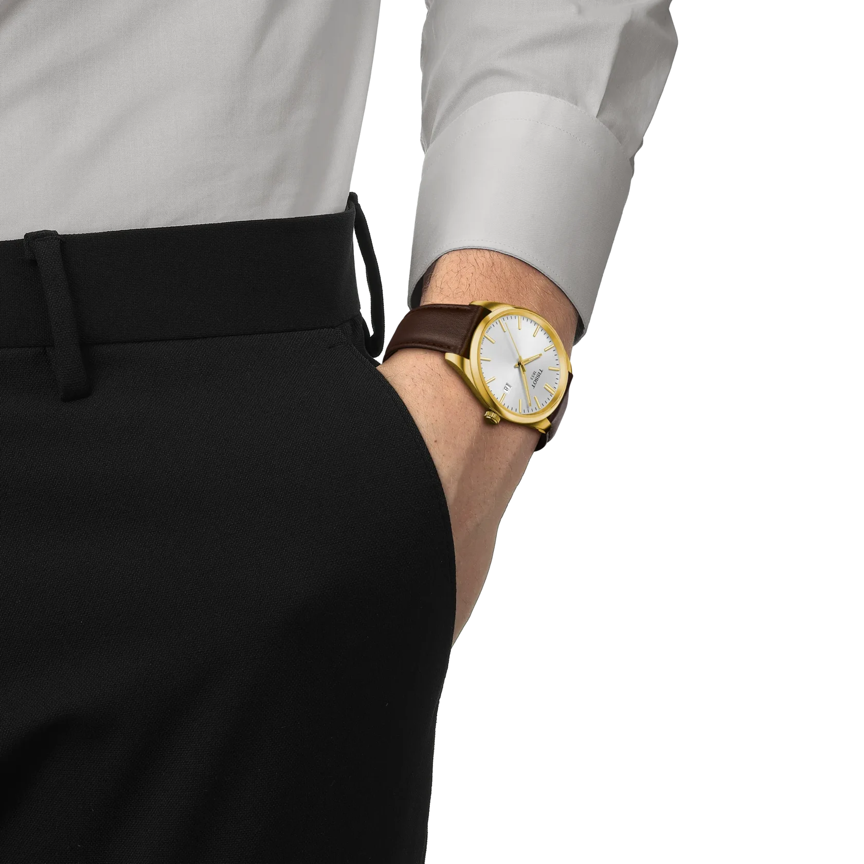 Tissot PR 100 40mm watch with silver dial, gold-tone case and brown leather strap