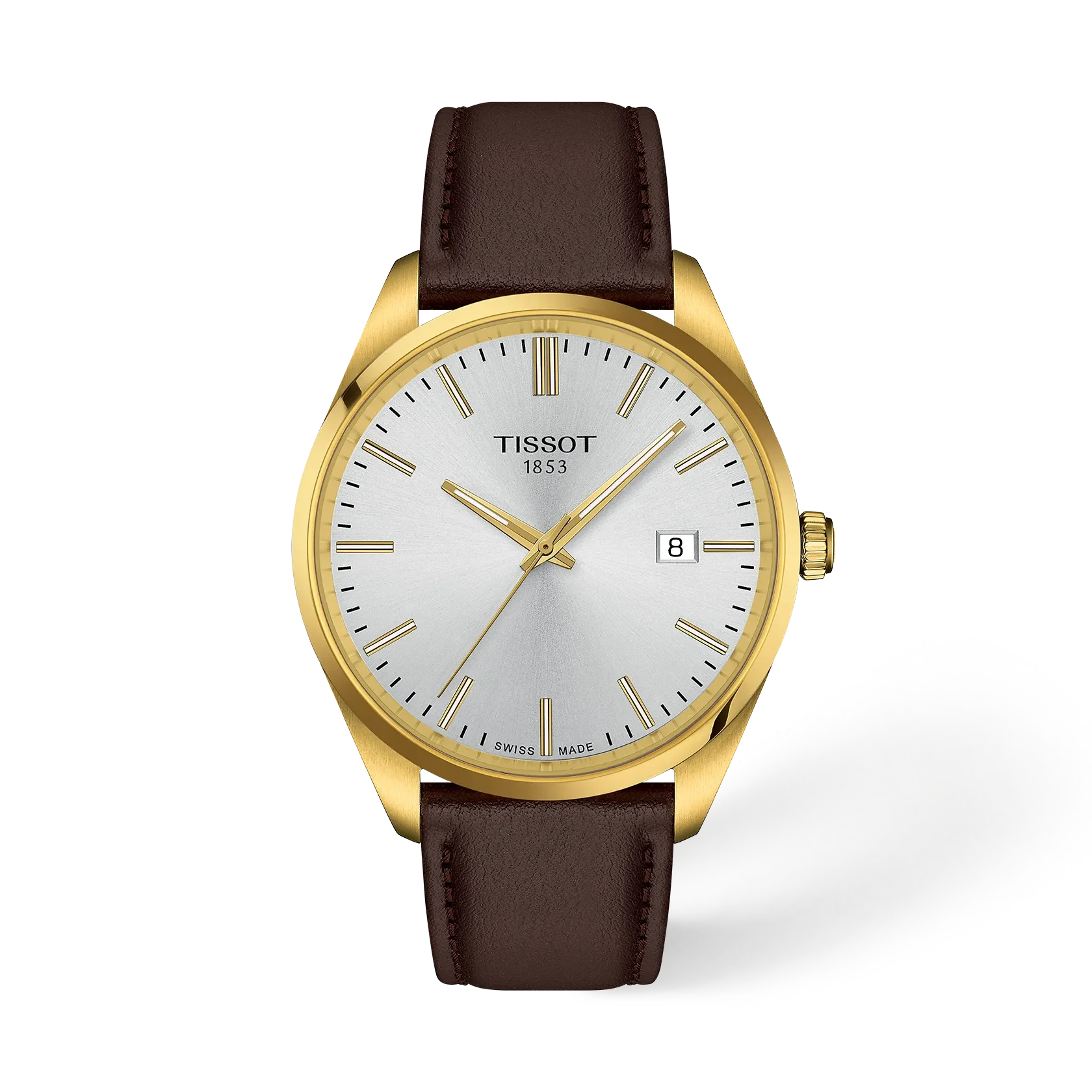 Tissot PR 100 40mm watch with silver dial, gold-tone case and brown leather strap