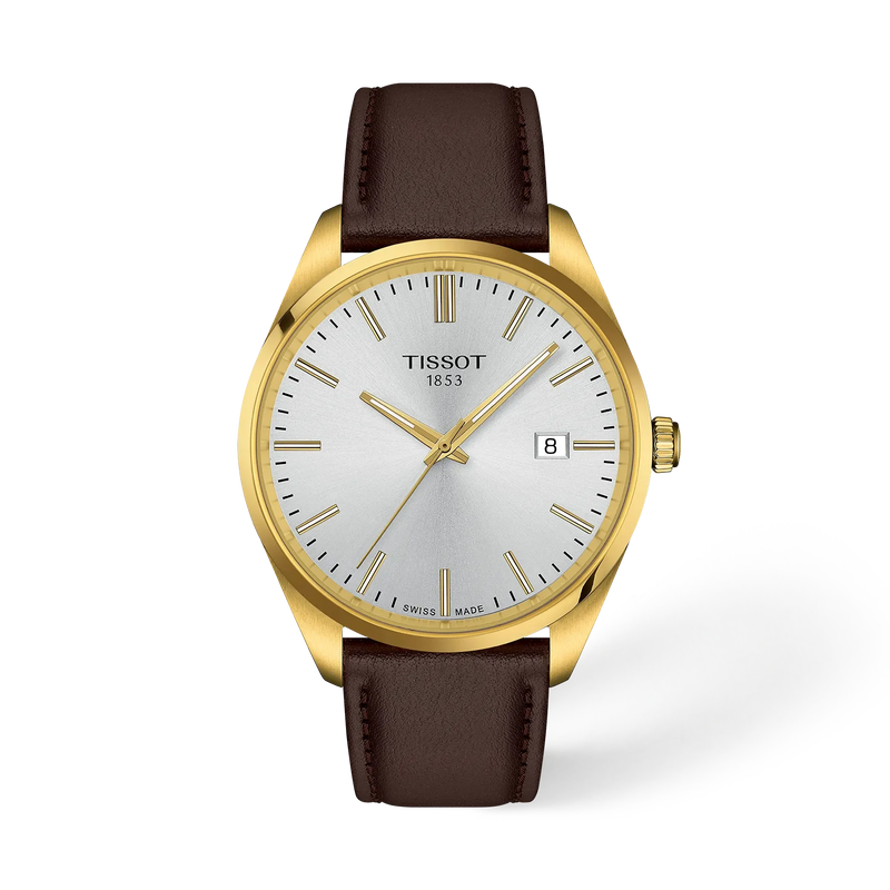 Tissot PR 100 40mm watch with silver dial, gold-tone case and brown leather strap