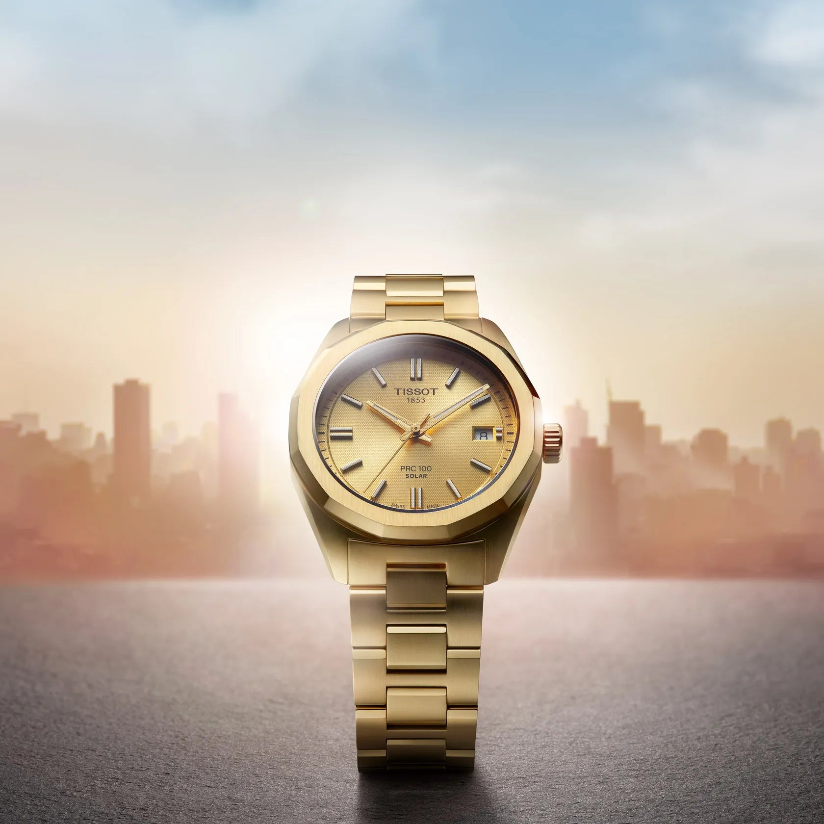 Tissot PRC 100 Solar 34mm Champagne Gold Watch