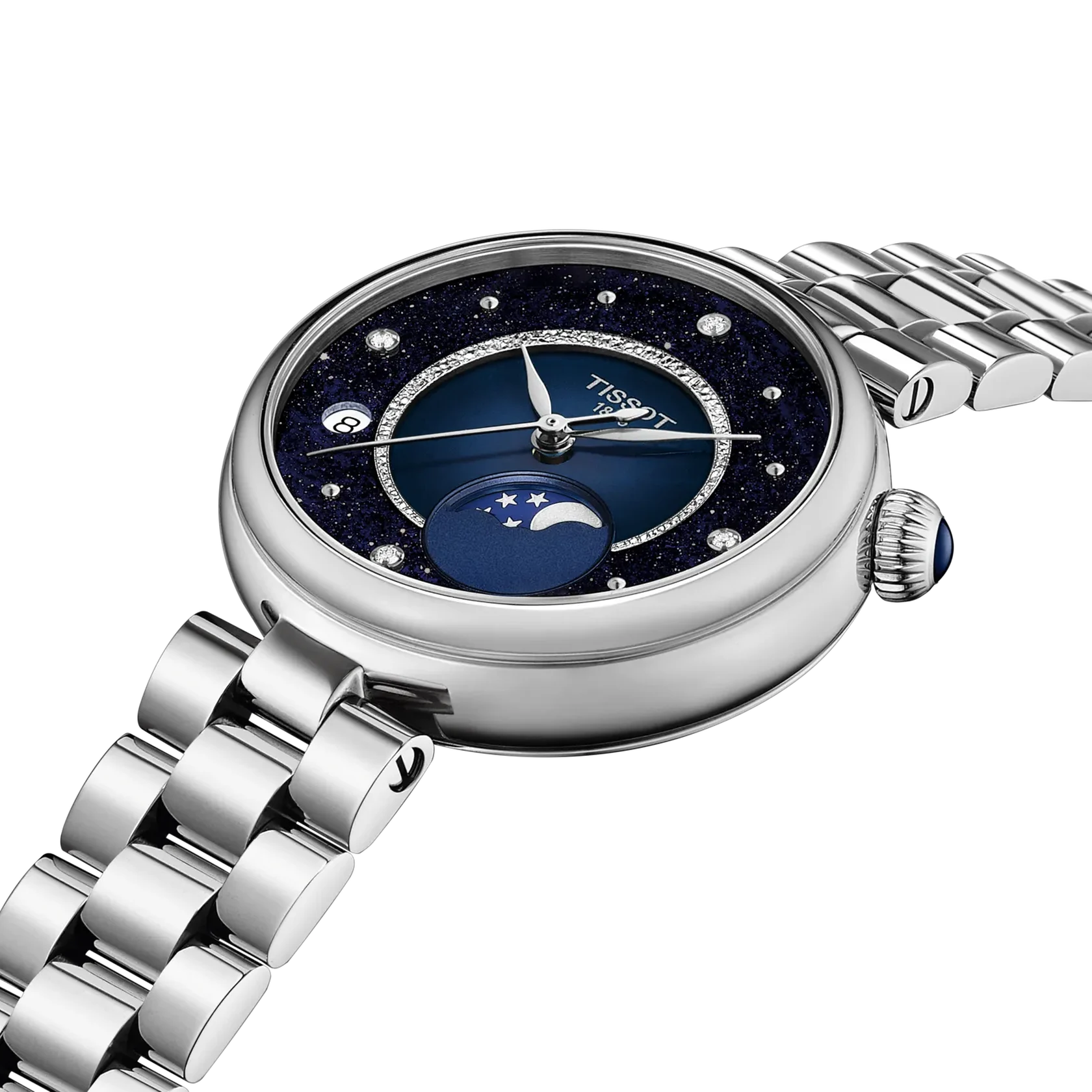 Tissot women’s stainless steel watch with blue moonphase dial, diamond markers and blue cabochon crown