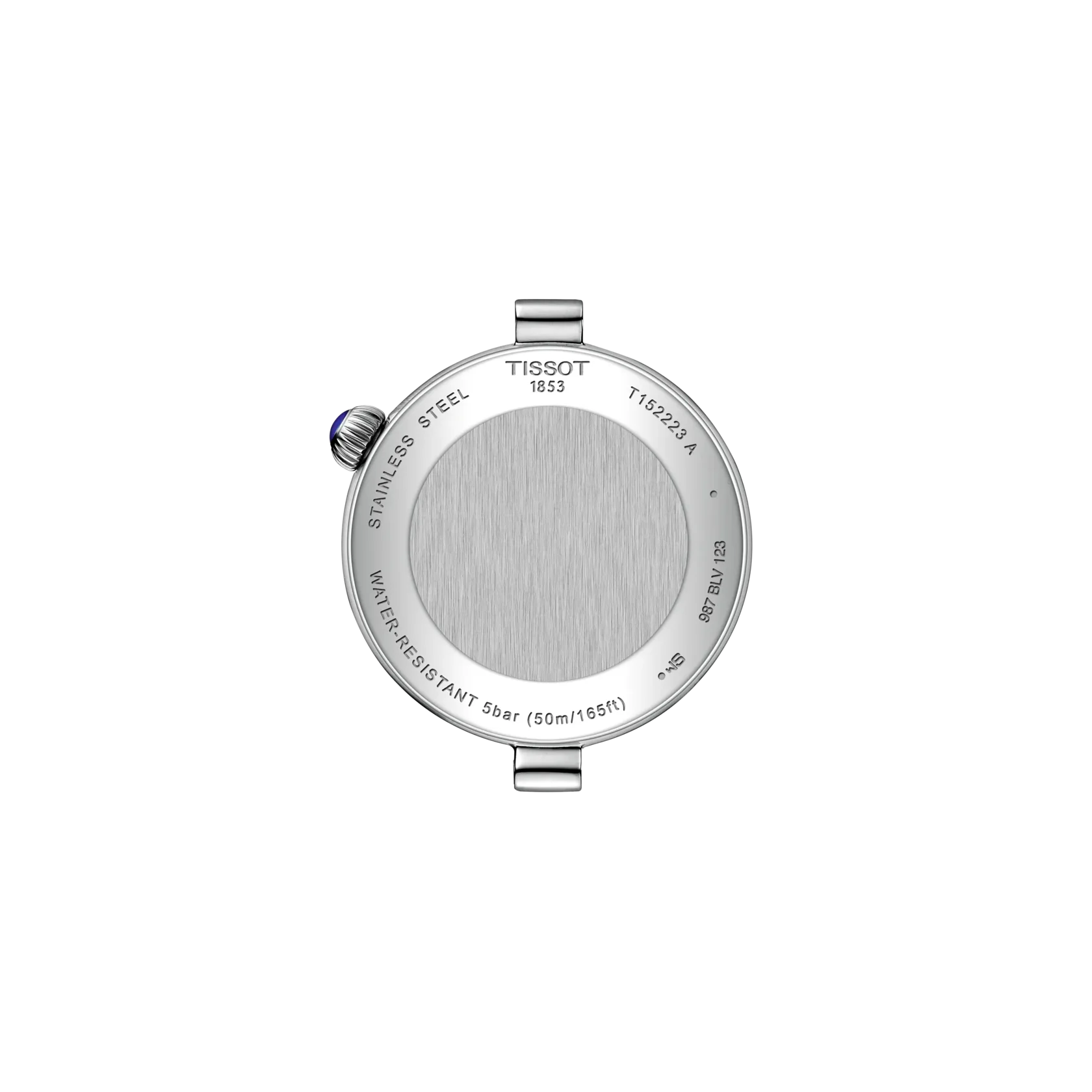 Rear view of Tissot women’s stainless steel watch showing engraved case back