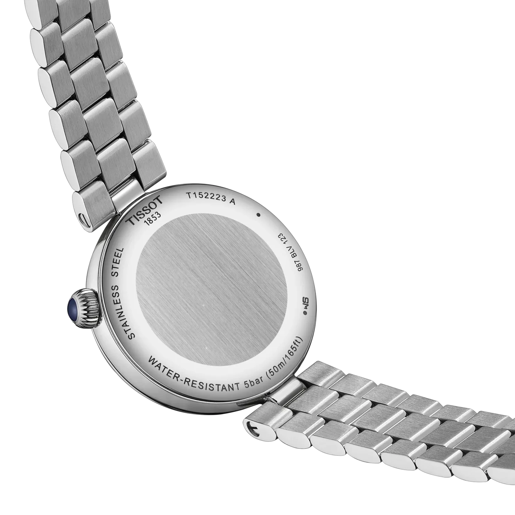 Rear view of Tissot women’s stainless steel watch showing case back and bracelet