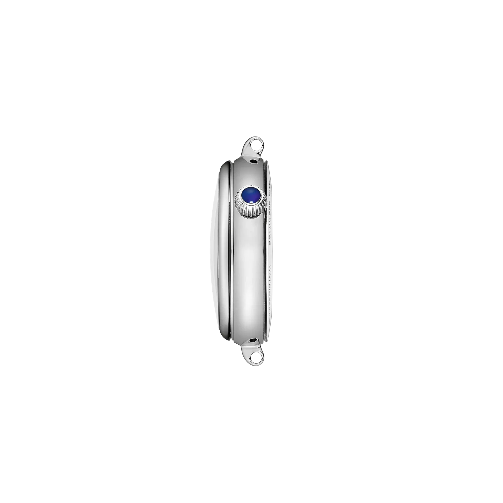 Side view of Tissot women’s stainless steel watch with blue cabochon crown