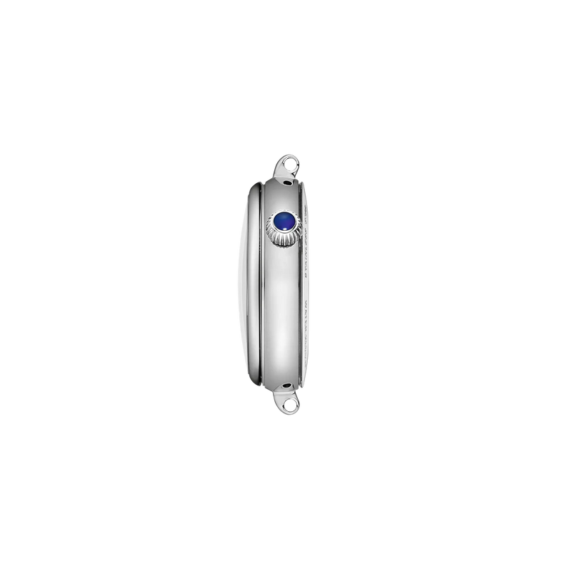 Side view of Tissot women’s stainless steel watch with blue cabochon crown