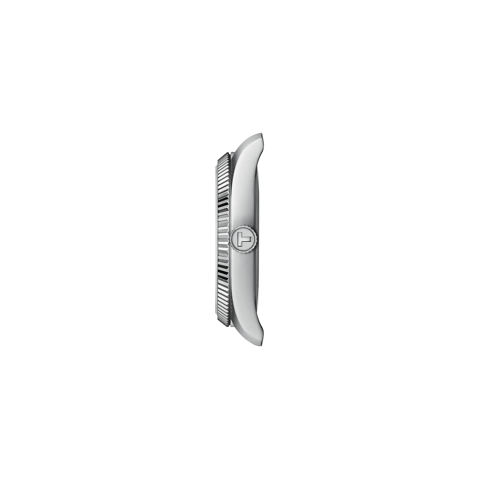 Side view of Tissot stainless steel watch showing the polished case, fluted bezel and Tissot-branded crown.