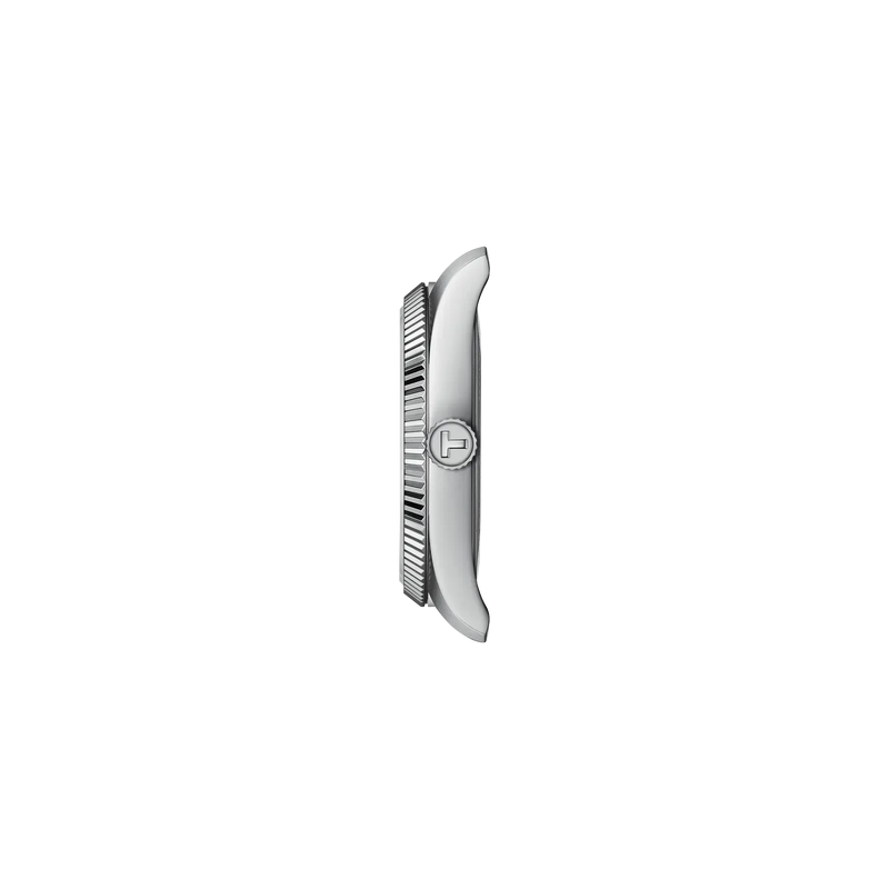 Side view of Tissot stainless steel watch showing the polished case, fluted bezel and Tissot-branded crown.