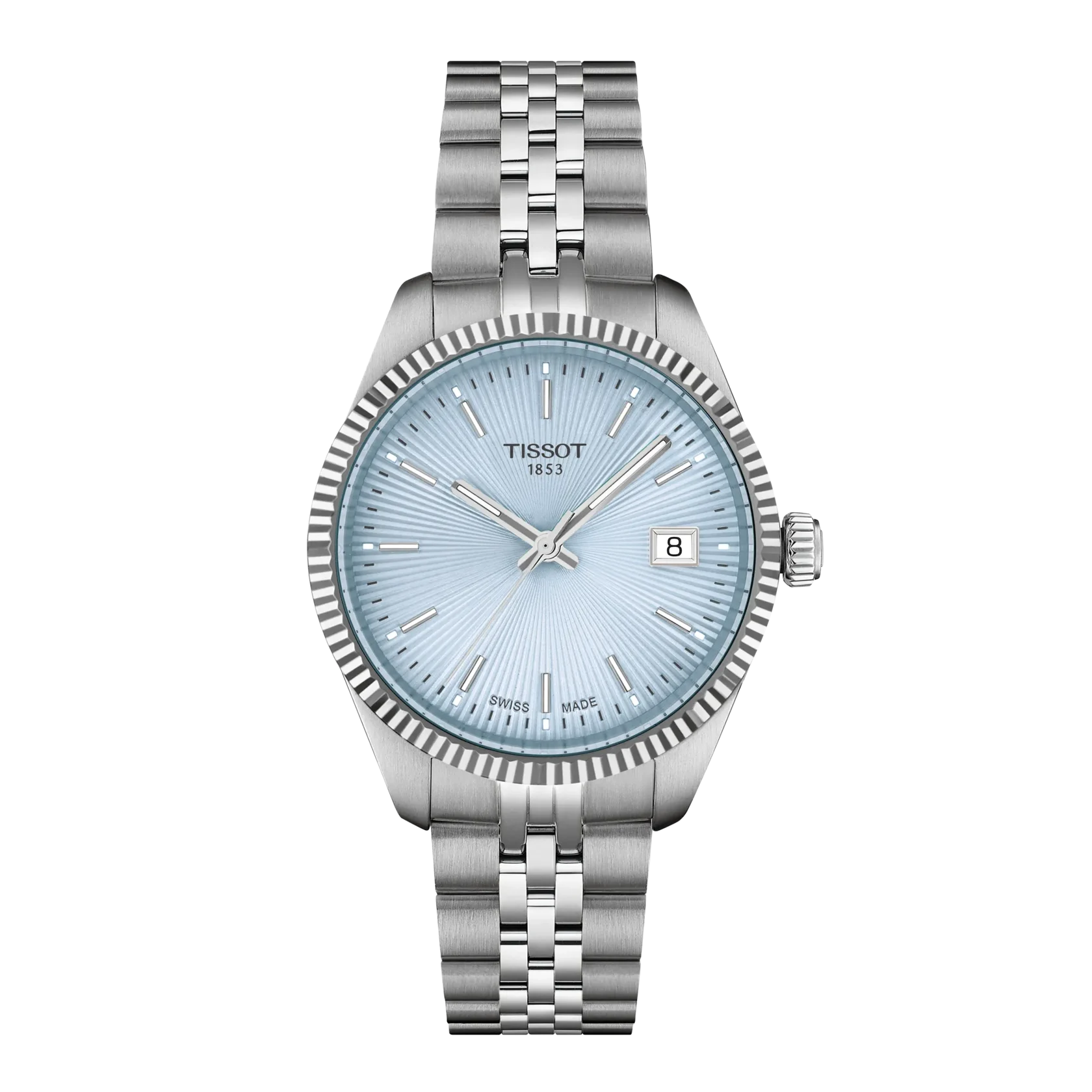 Tissot stainless steel watch with an ice blue textured dial, fluted bezel, silver-tone hands and date display.