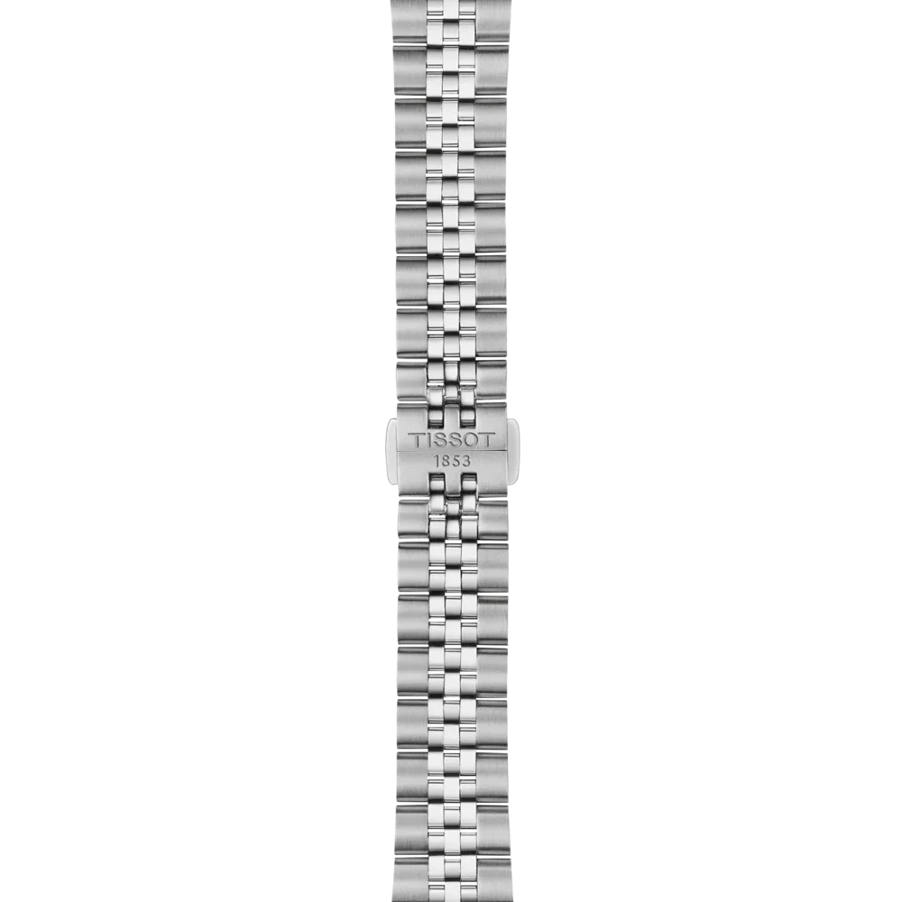 Tissot stainless steel watch bracelet featuring brushed and polished links with a Tissot-branded folding clasp.