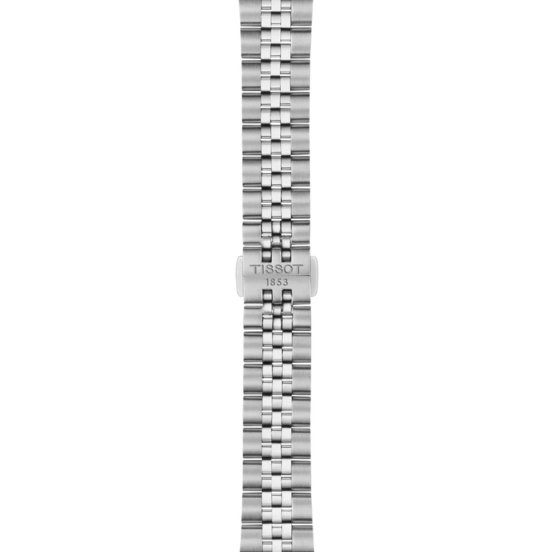 Tissot stainless steel watch bracelet featuring brushed and polished links with a Tissot-branded folding clasp.