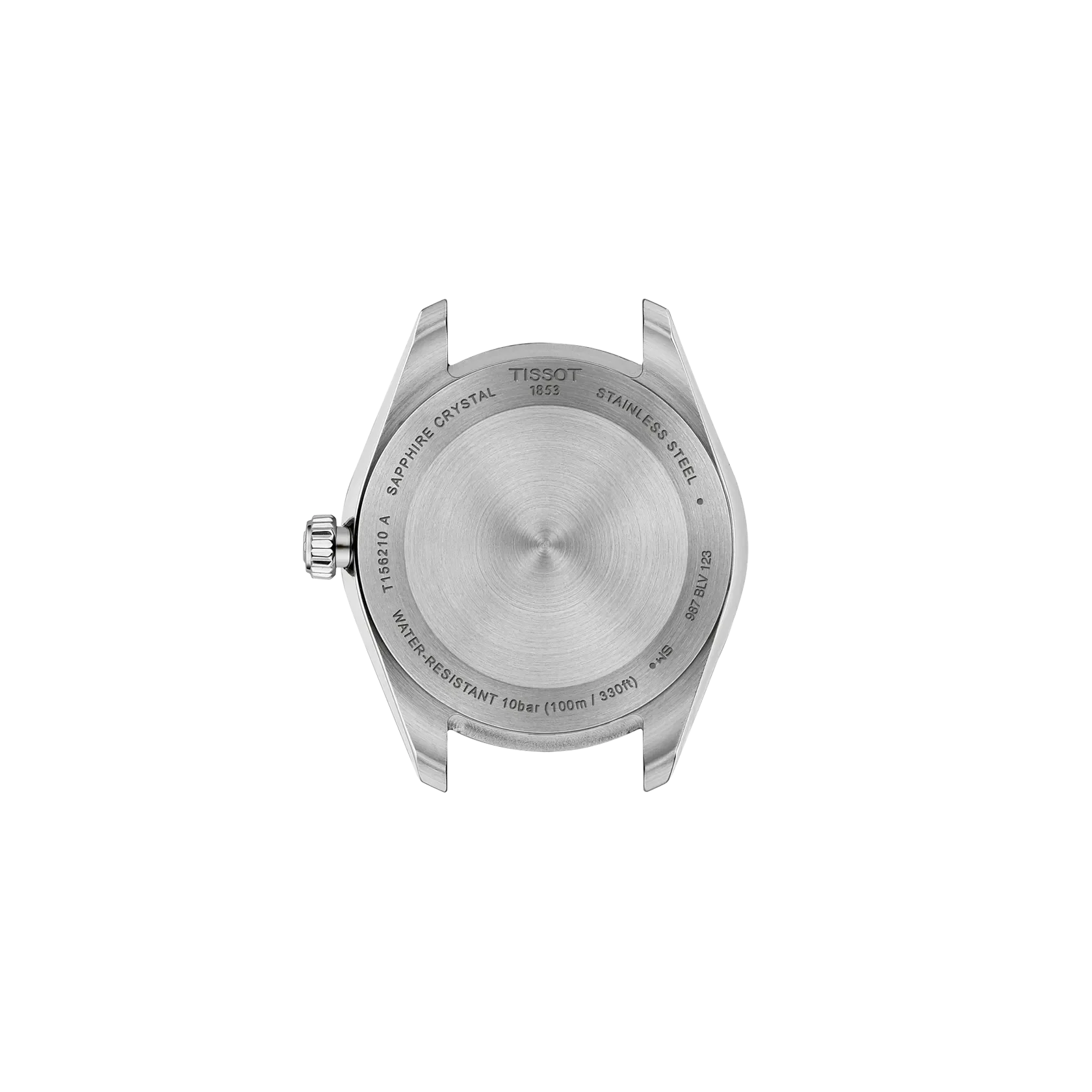Rear view of Tissot stainless steel watch showing the engraved case back and 100m water resistance marking.