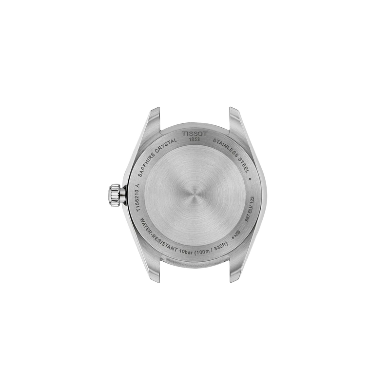 Rear view of Tissot stainless steel watch showing the engraved case back and 100m water resistance marking.