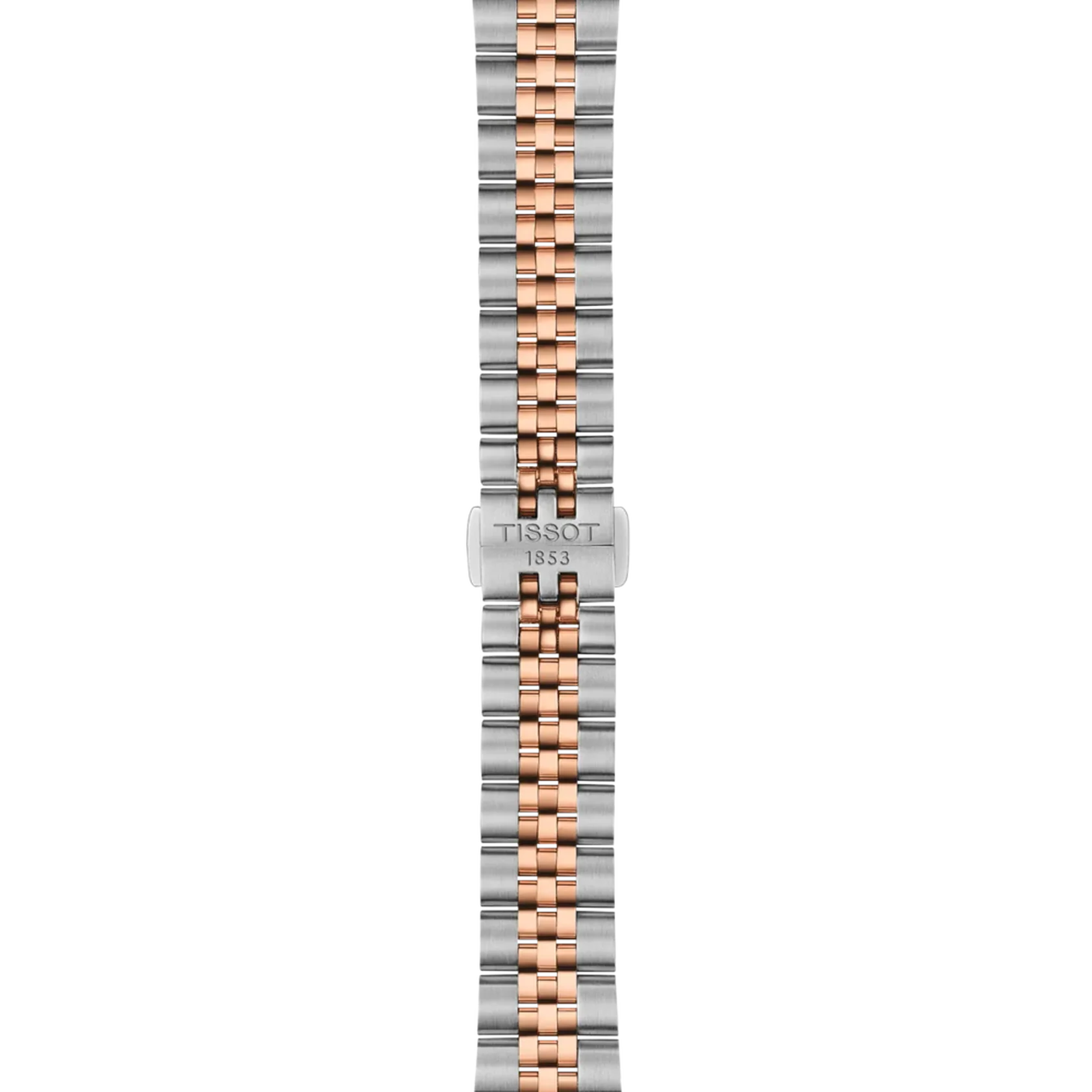 Tissot Ballade T156.010.22.031.01 watch featuring a silver guilloché dial, rose gold-tone fluted bezel, date display and two-tone stainless steel bracelet.