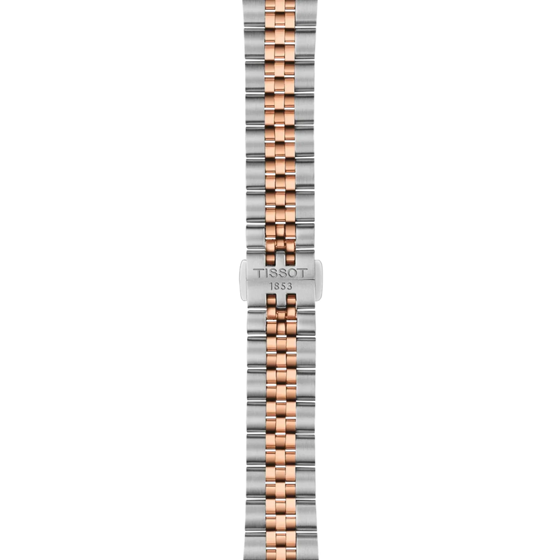 Tissot Ballade T156.010.22.031.01 watch featuring a silver guilloché dial, rose gold-tone fluted bezel, date display and two-tone stainless steel bracelet.