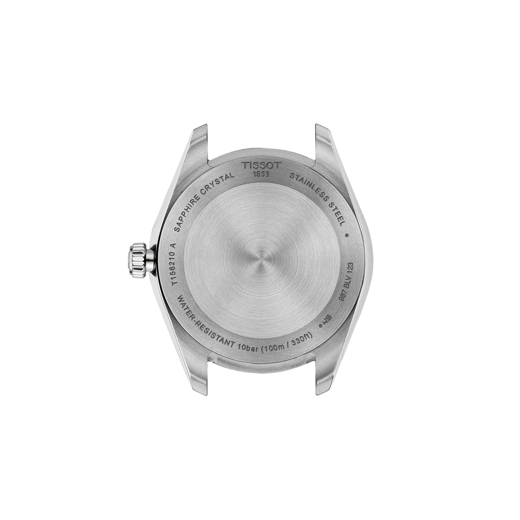 Rear view of the Tissot Ballade T156.010.22.031.01 stainless steel watch case, featuring an engraved case back and 100m water resistance.
