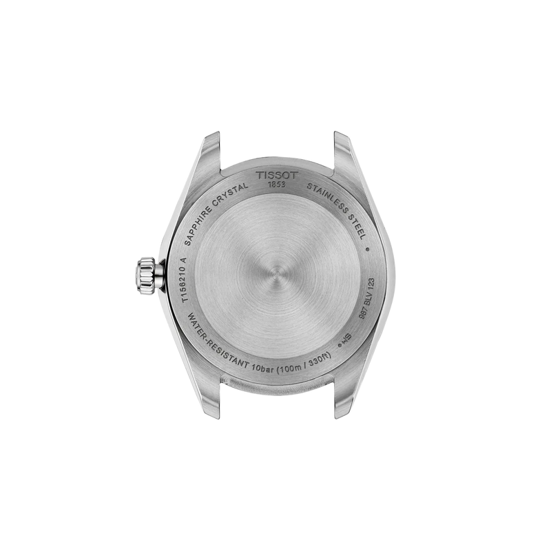 Rear view of the Tissot Ballade T156.010.22.031.01 stainless steel watch case, featuring an engraved case back and 100m water resistance.