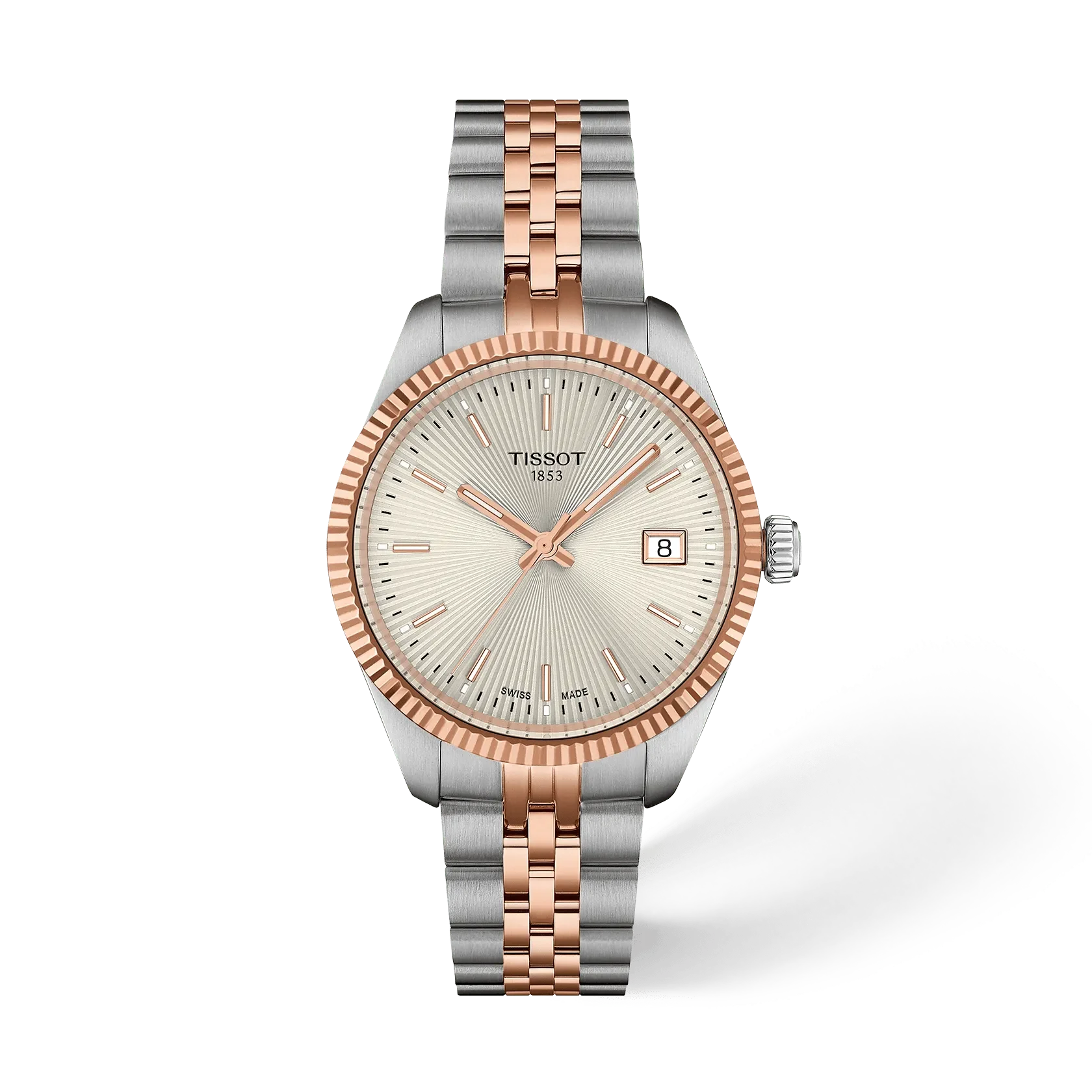 Tissot Ballade T156.010.22.031.01 two-tone stainless steel bracelet with rose gold PVD centre links and Tissot engraved folding clasp.