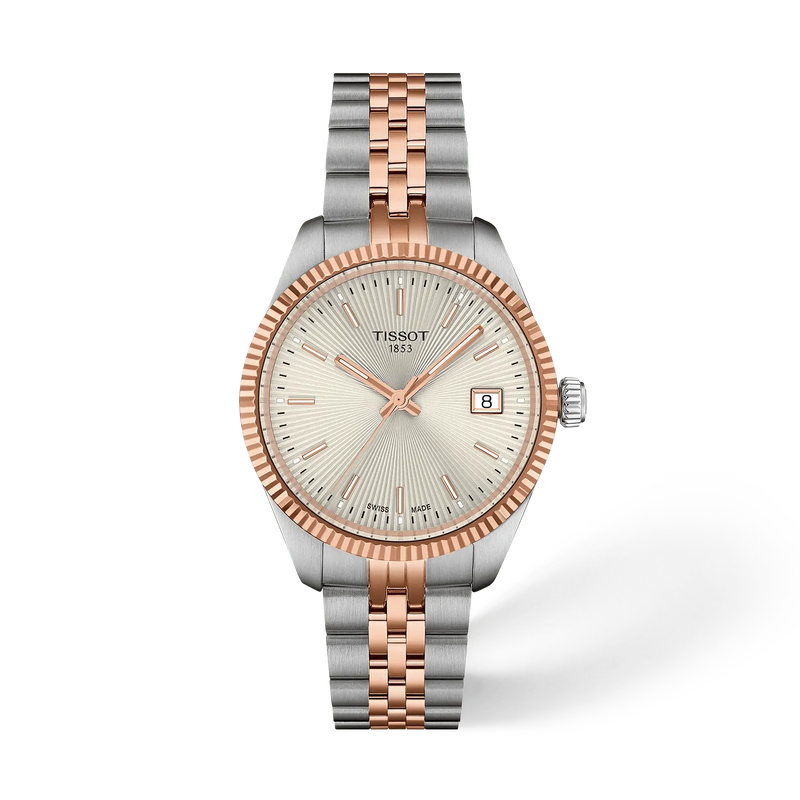Tissot Ballade T156.010.22.031.01 two-tone stainless steel bracelet with rose gold PVD centre links and Tissot engraved folding clasp.