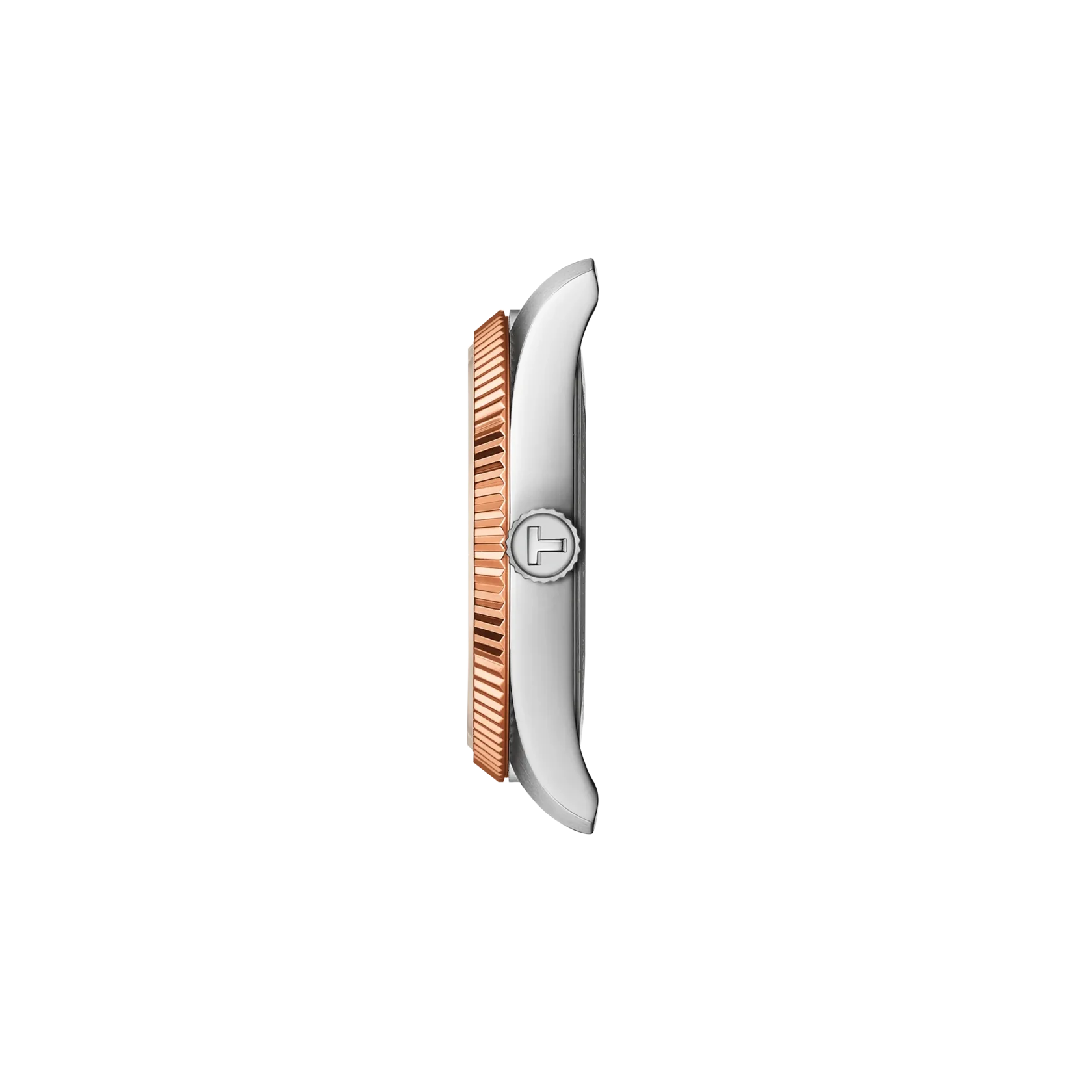 Side view of the Tissot Ballade T156.010.22.031.01 watch showing the polished stainless steel case, rose gold PVD fluted bezel and Tissot engraved crown.