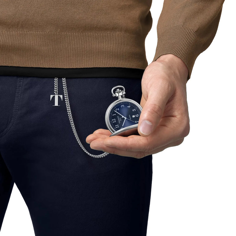 Tissot Savonnette Stainless Steel Blue Dial Pocket Watch