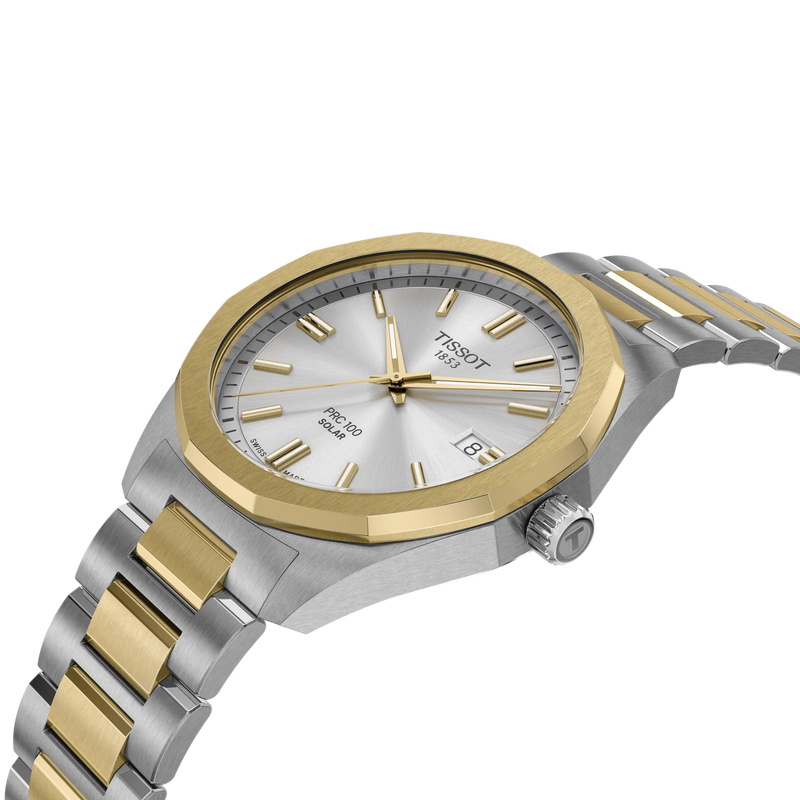 Tissot PRC 100 Solar 39mm Bi-Metal Silver Dial Watch