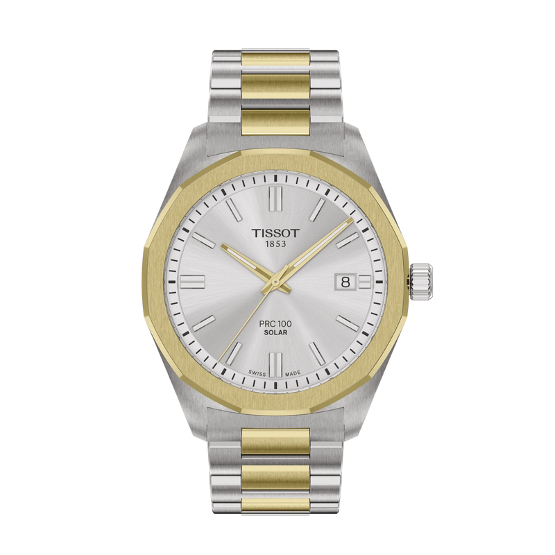 Tissot PRC 100 Solar 39mm Bi-Metal Silver Dial Watch