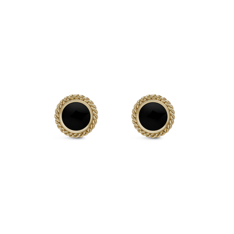 Yellow Gold Vermeil Whitby Jet Medium Rope Edge Round Stud Earrings