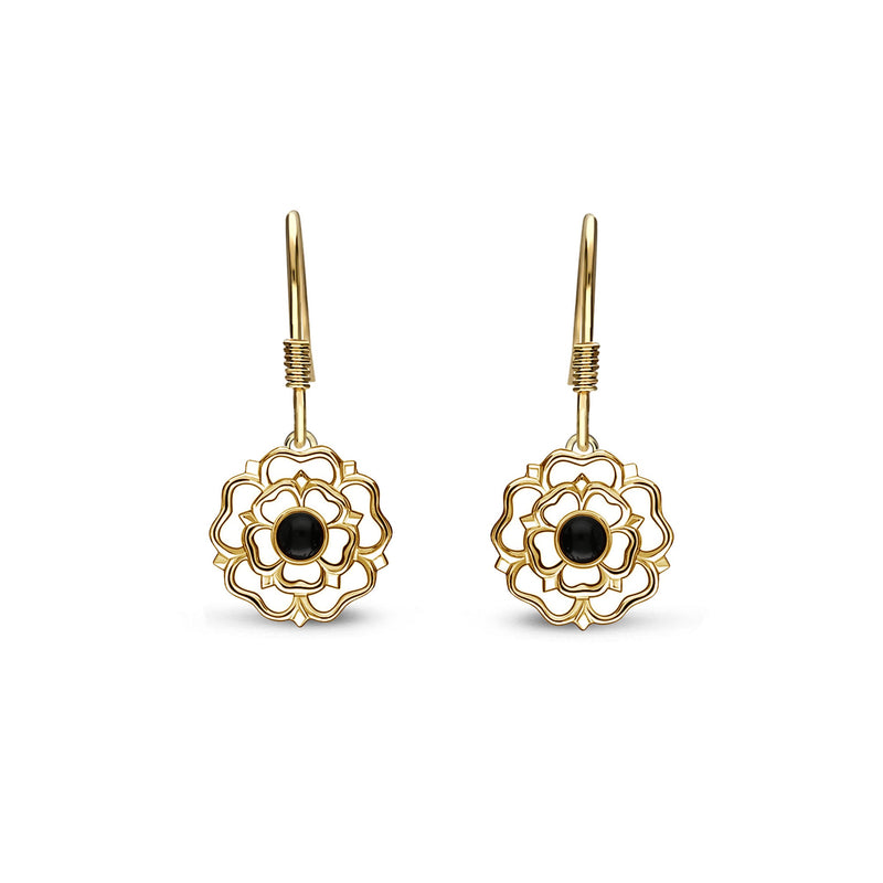 Yellow Gold Vermeil Whitby Jet Yorkshire Rose Drop Earrings