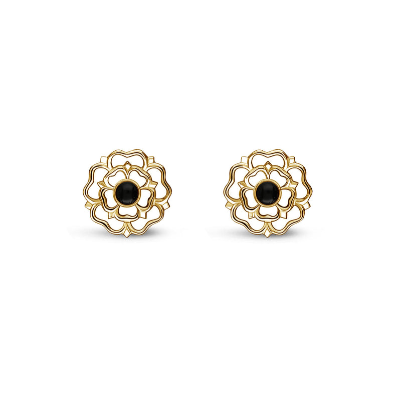Yellow Gold Vermeil Whitby Jet Yorkshire Rose Stud Earrings
