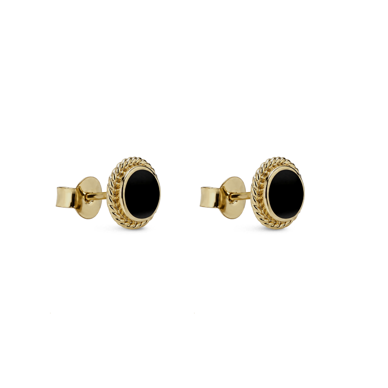 Yellow Gold Vermeil Whitby Jet Medium Rope Edge Round Stud Earrings