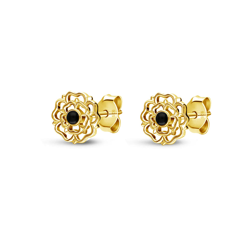 Yellow Gold Vermeil Whitby Jet Yorkshire Rose Stud Earrings